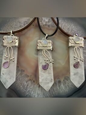 Rose Quartz and Amethyst Pendant on 16” Black Leather Necklace